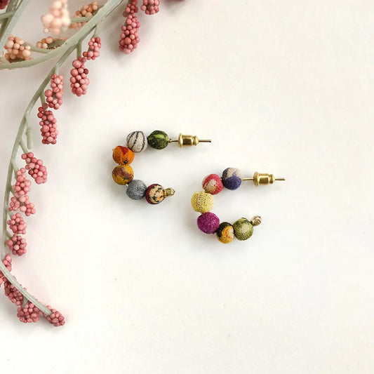 Earrings, Kantha Tiny Hoops