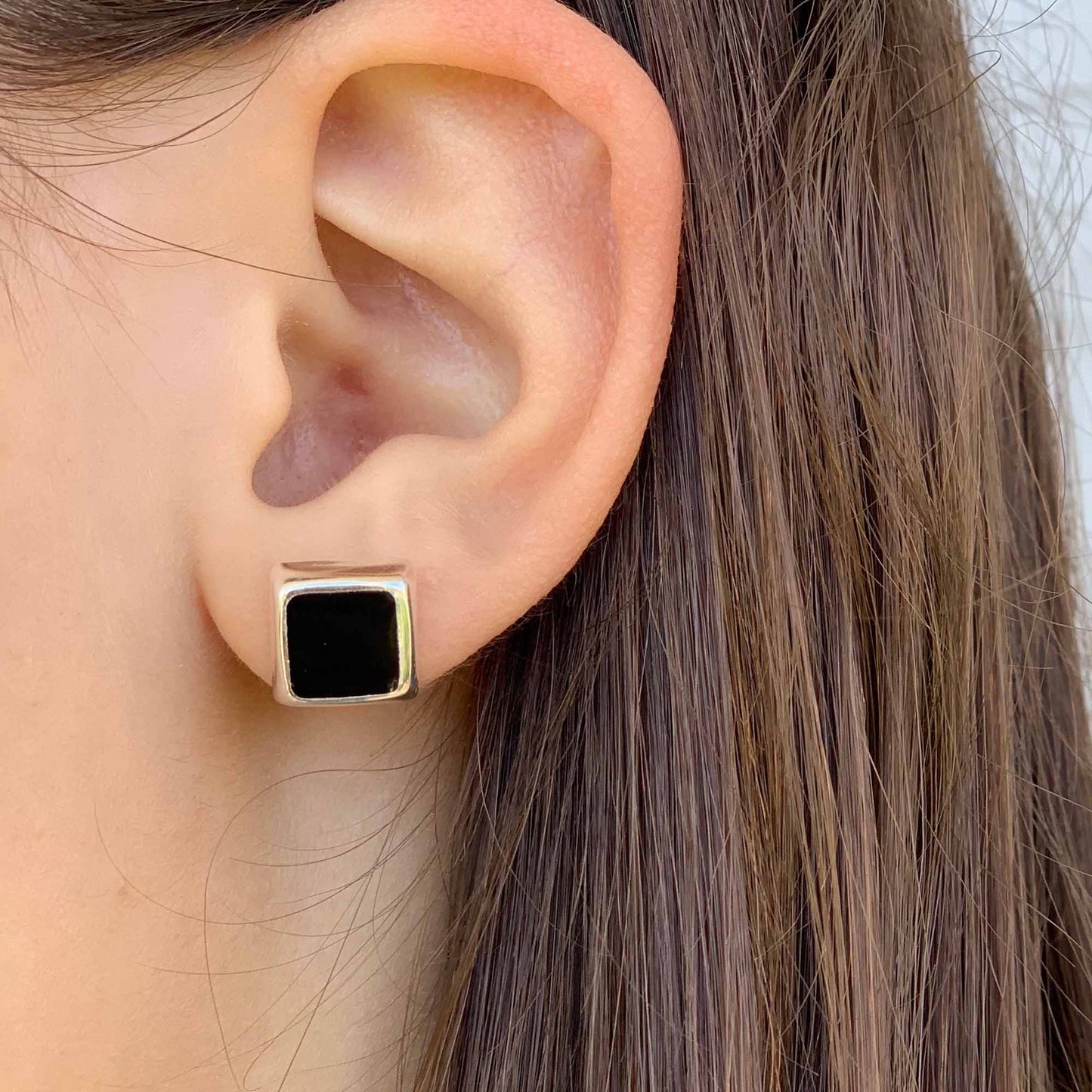 Sterling Silver Black Square Stud Earrings