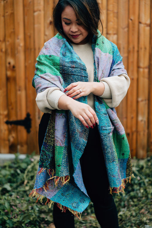 Shawl kantha patchwork upcycled sari 85x35 asst