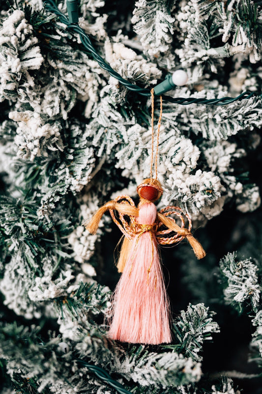 Ornament angel M/3 jute/wd 4.5H lt pink/nat