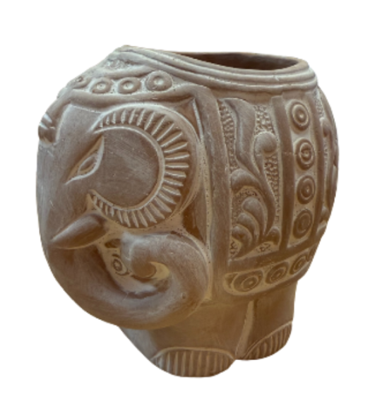 Whitewashed Terracotta Planter, Elephant w/Trunk to Side