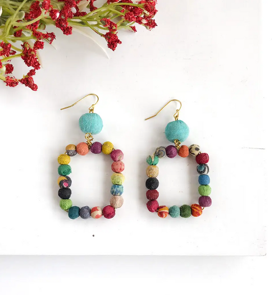 Earrings, "Kantha Dangling Square"