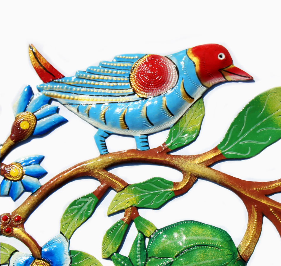 Painted Bird Wreath Recycled Oil Drum Wall Art