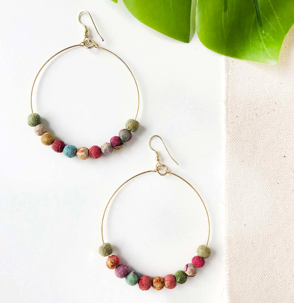Earrings, "Kantha Beaded Hoops"