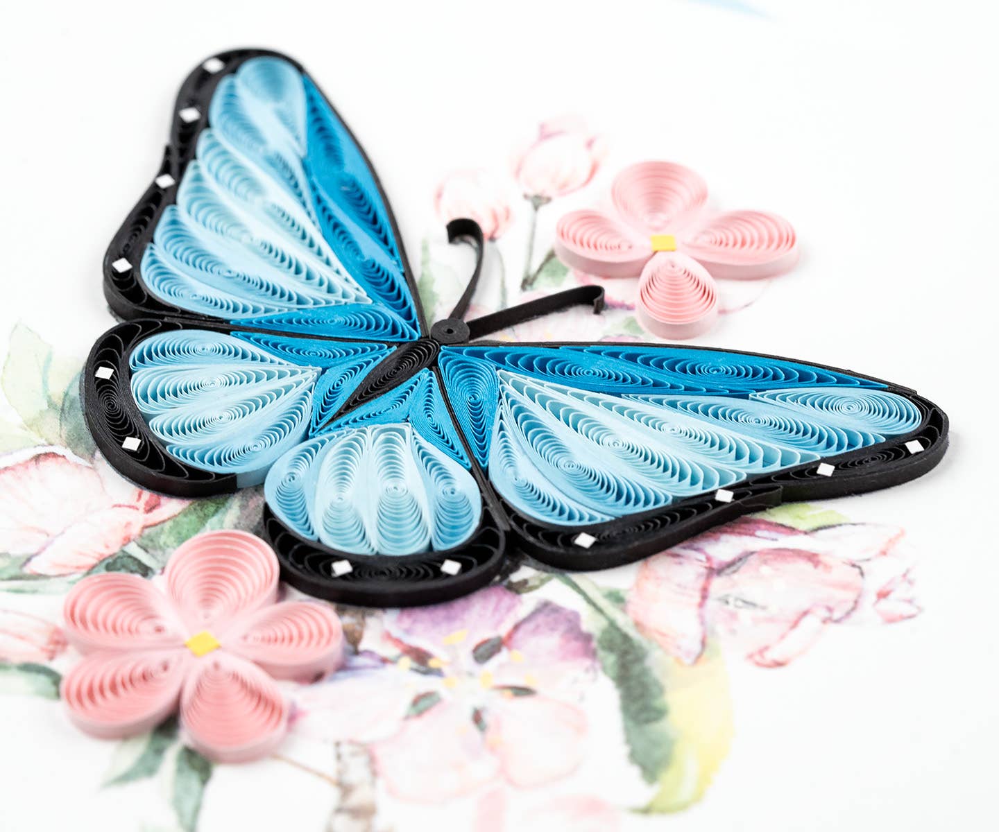 Quilled Greeting Card, "Blue Butterfly & Pink Flowers"
