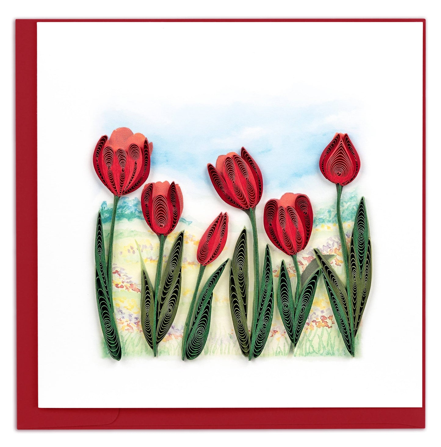 Quilled Greeting Card, "Red Tulip Field"