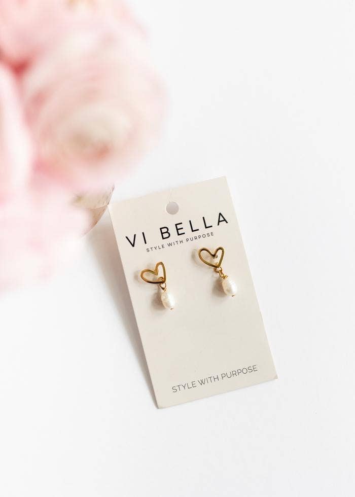 Gold Heart Pearl Drop Earrings