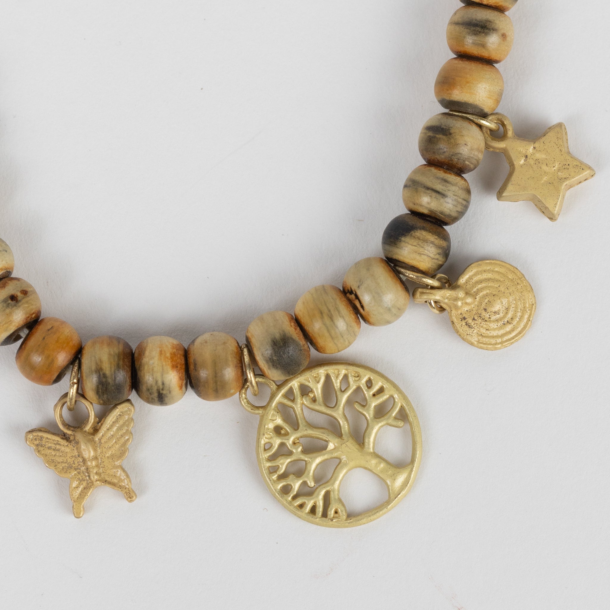 Bracelet beaded charm horn/lthr/brass adj nat/br