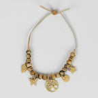 Bracelet beaded charm horn/lthr/brass adj nat/br