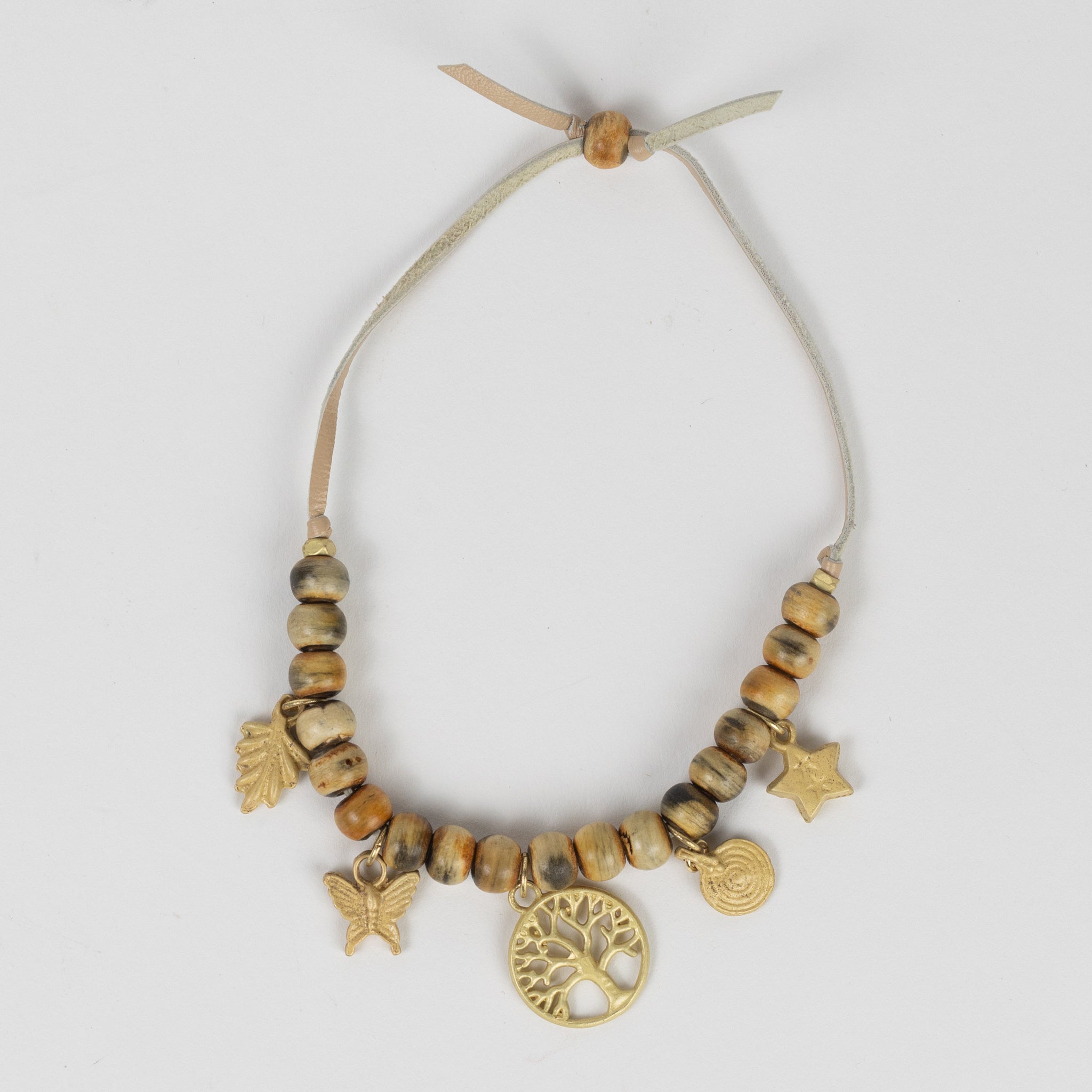 Bracelet beaded charm horn/lthr/brass adj nat/br