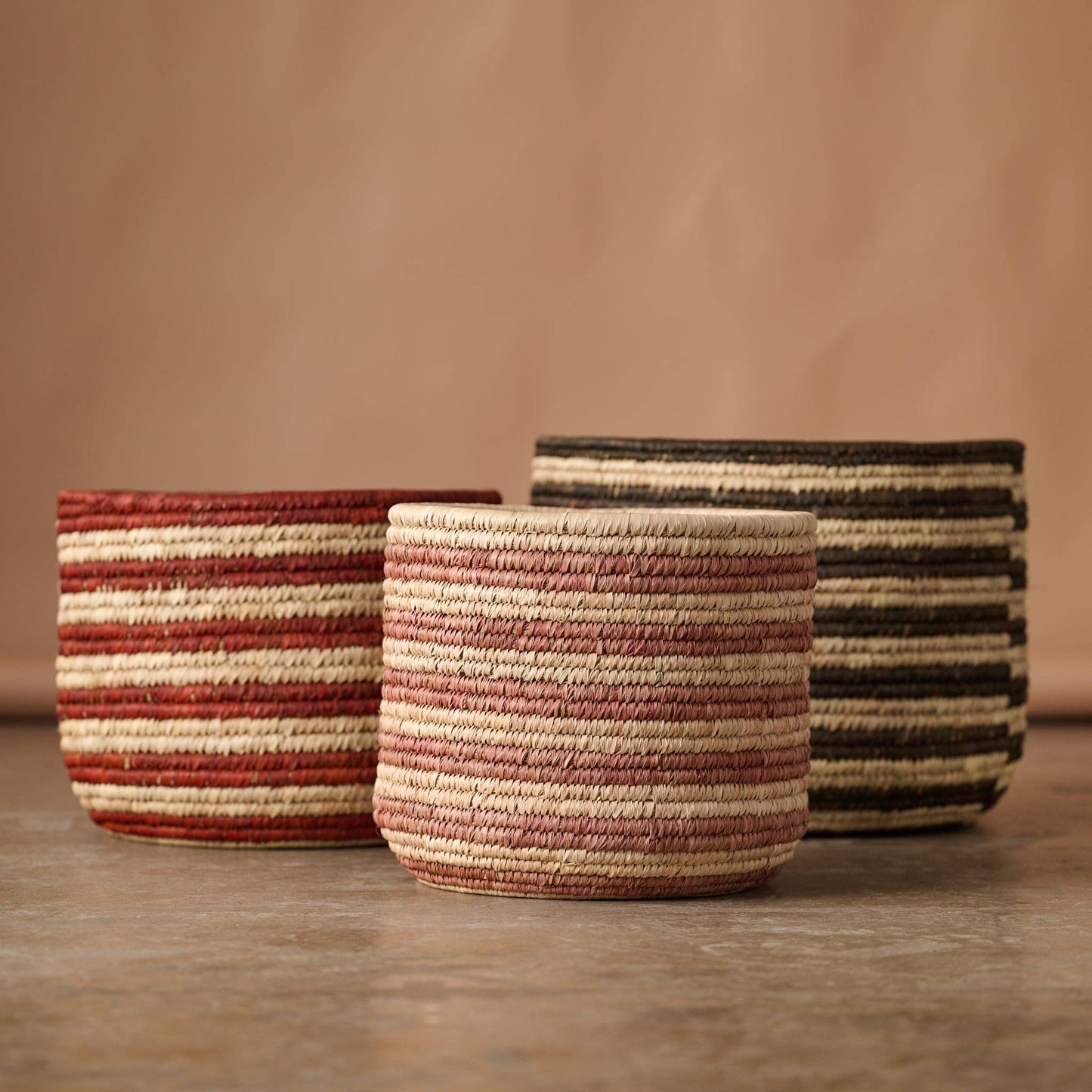 Pink Striped Palm Leaf Basket 12"