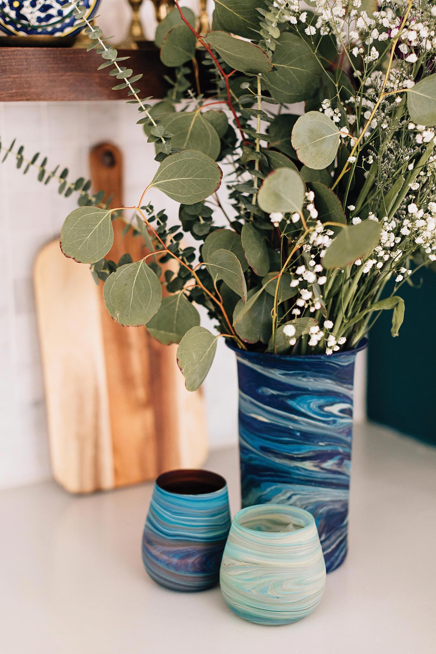Candleholder swirled glass/sand grn