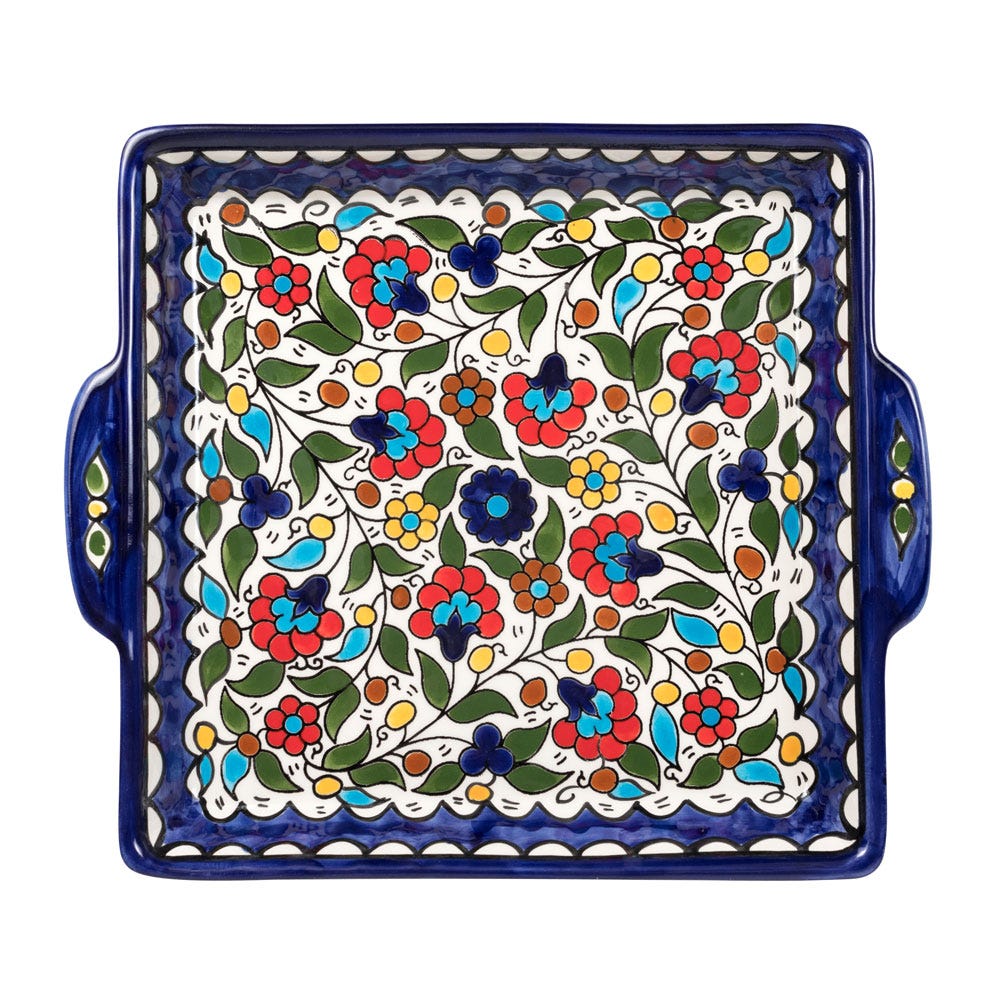 Platter floral hand painted ceramic 9sq blue/multi