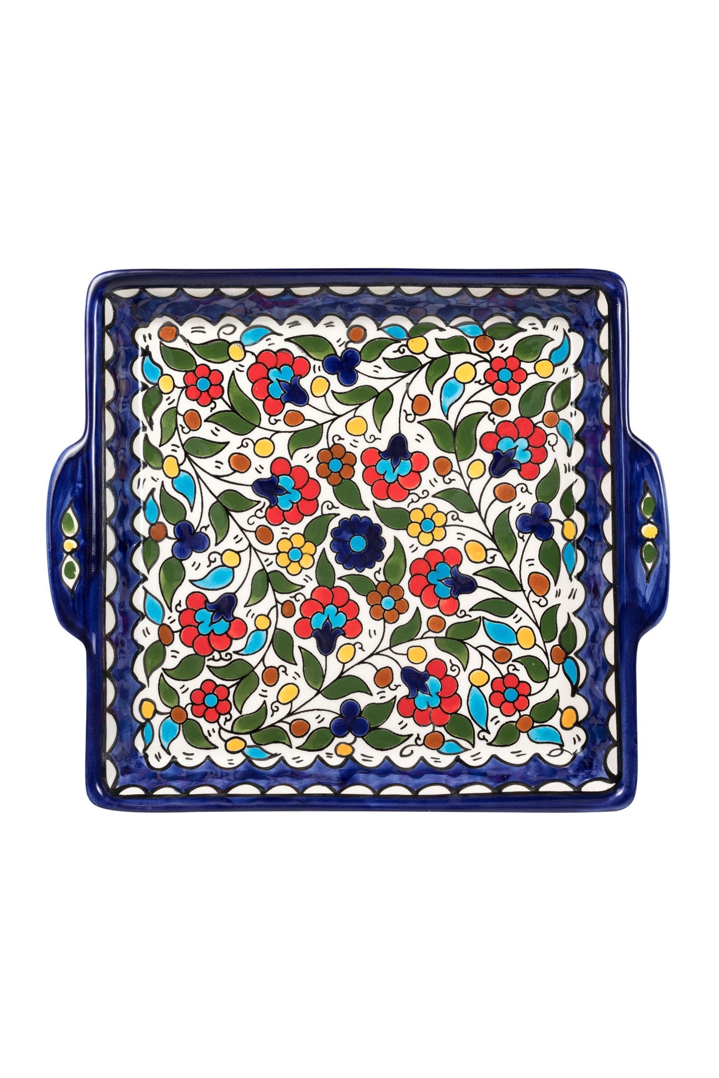 Platter floral hand painted ceramic 9sq blue/multi