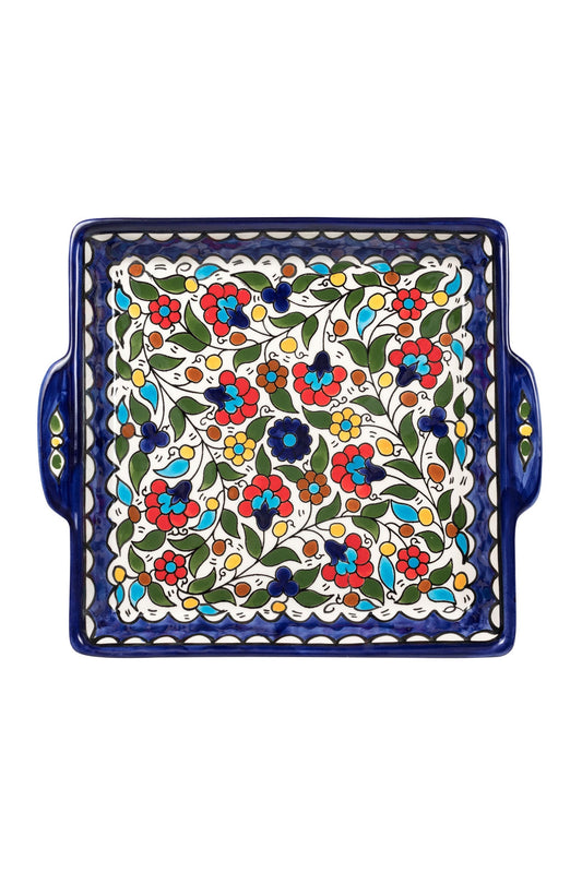 Platter floral hand painted ceramic 9sq blue/multi