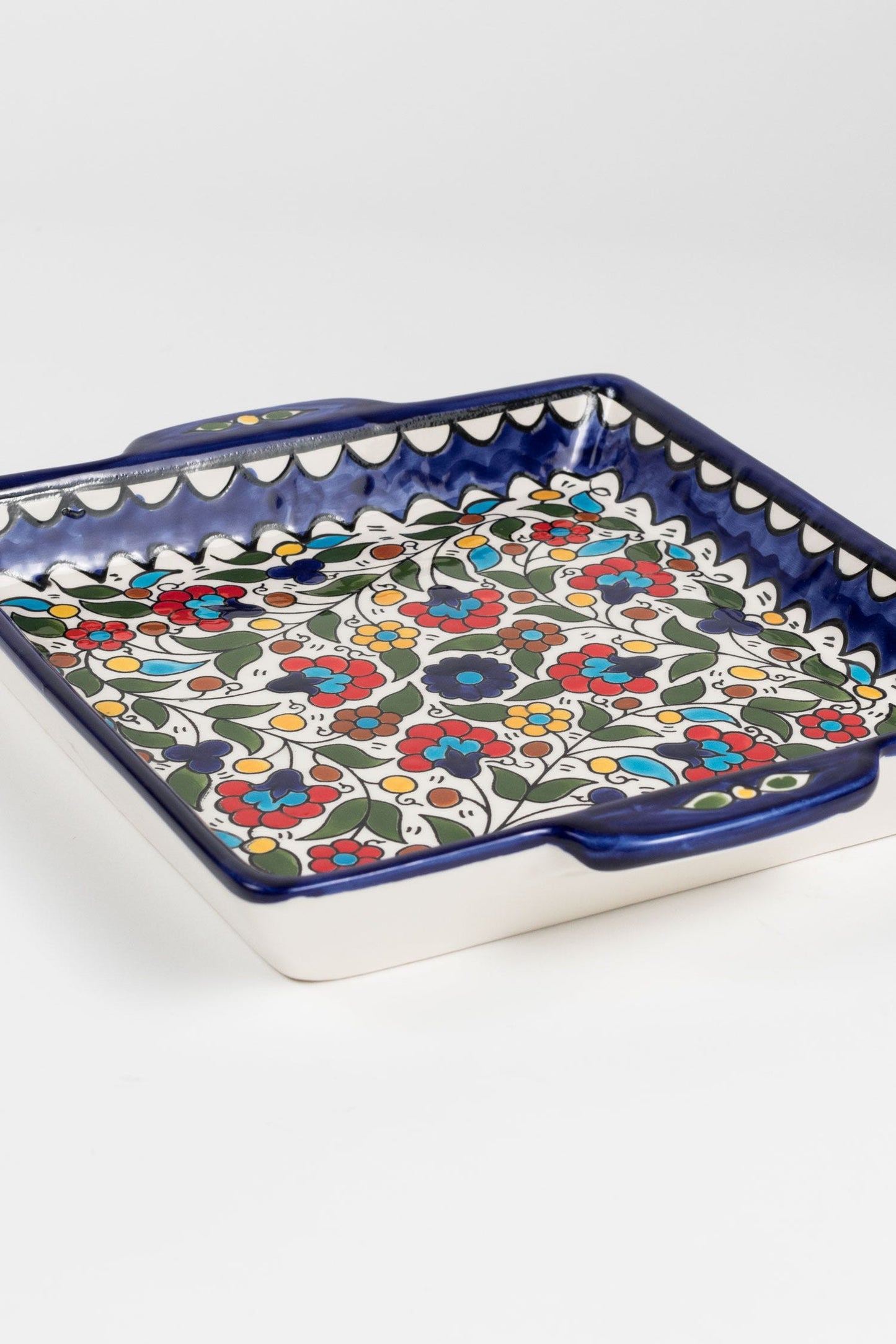 Platter floral hand painted ceramic 9sq blue/multi