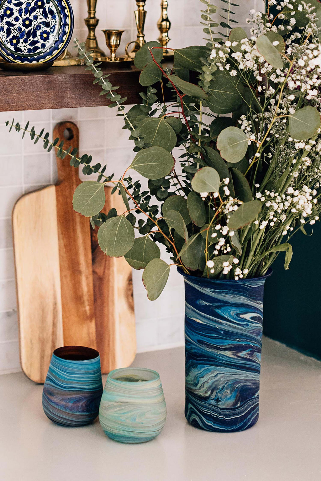 Vase swirl phoenician glass 5Dx9 navy/green