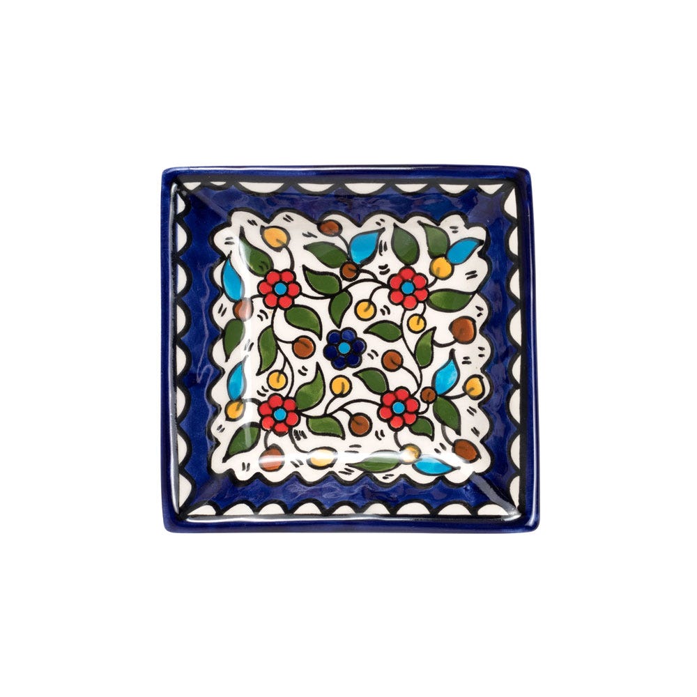 Dish floral hand painted ceramic 4.25sq blue/multi