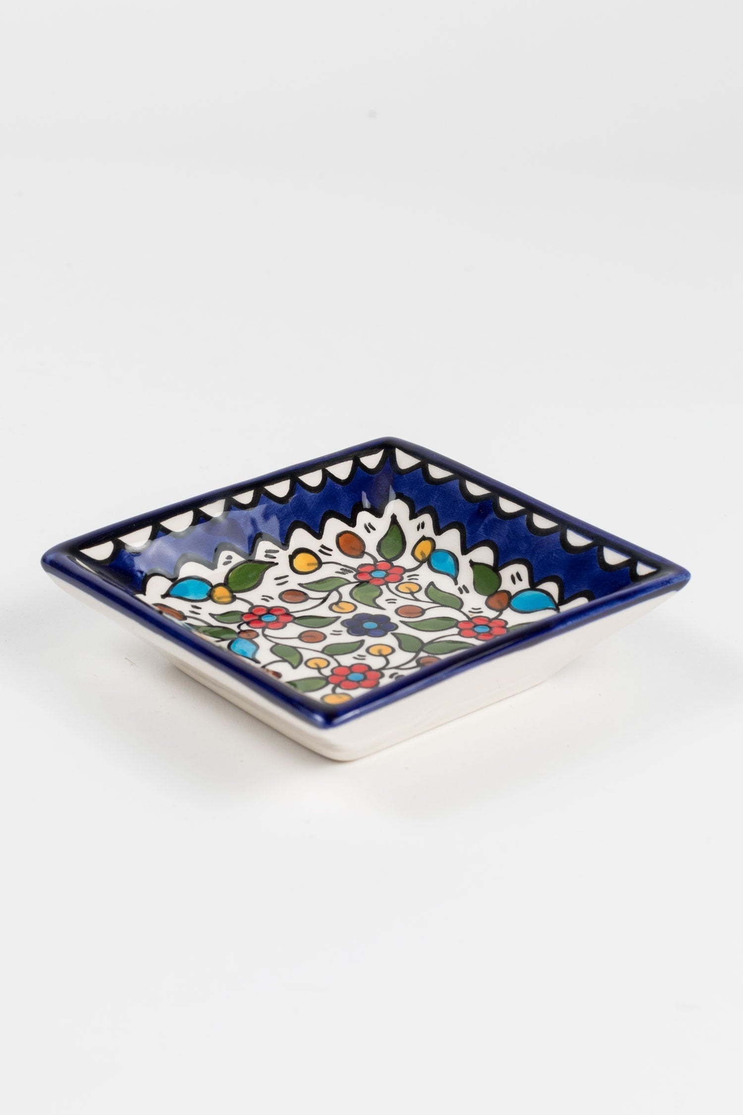 Dish floral hand painted ceramic 4.25sq blue/multi