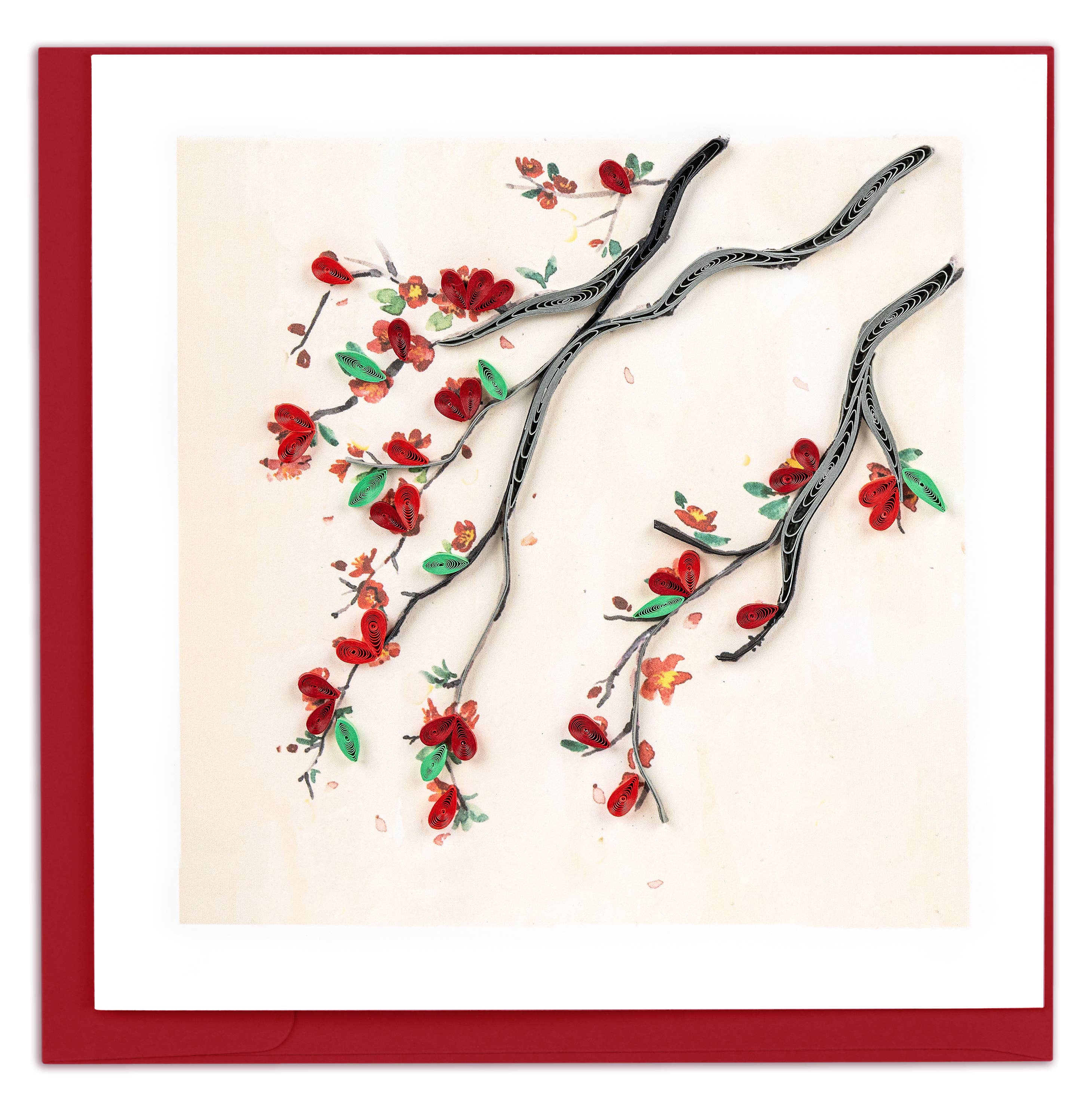 Quilled Greeting Card, "Red Flower Branch"