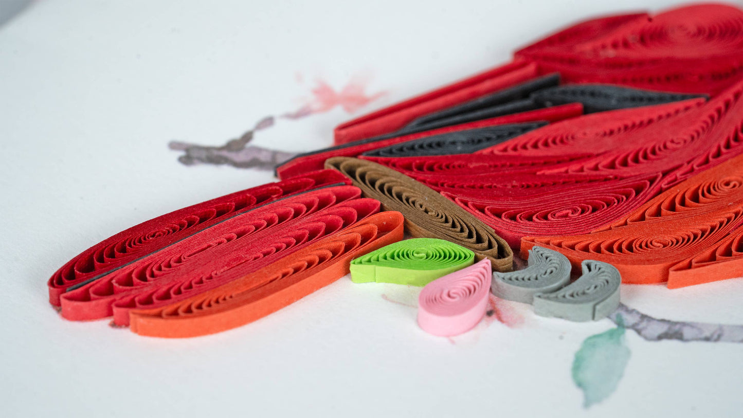Quilled Greeting Card, "Cardinal & Cherry Blossom"