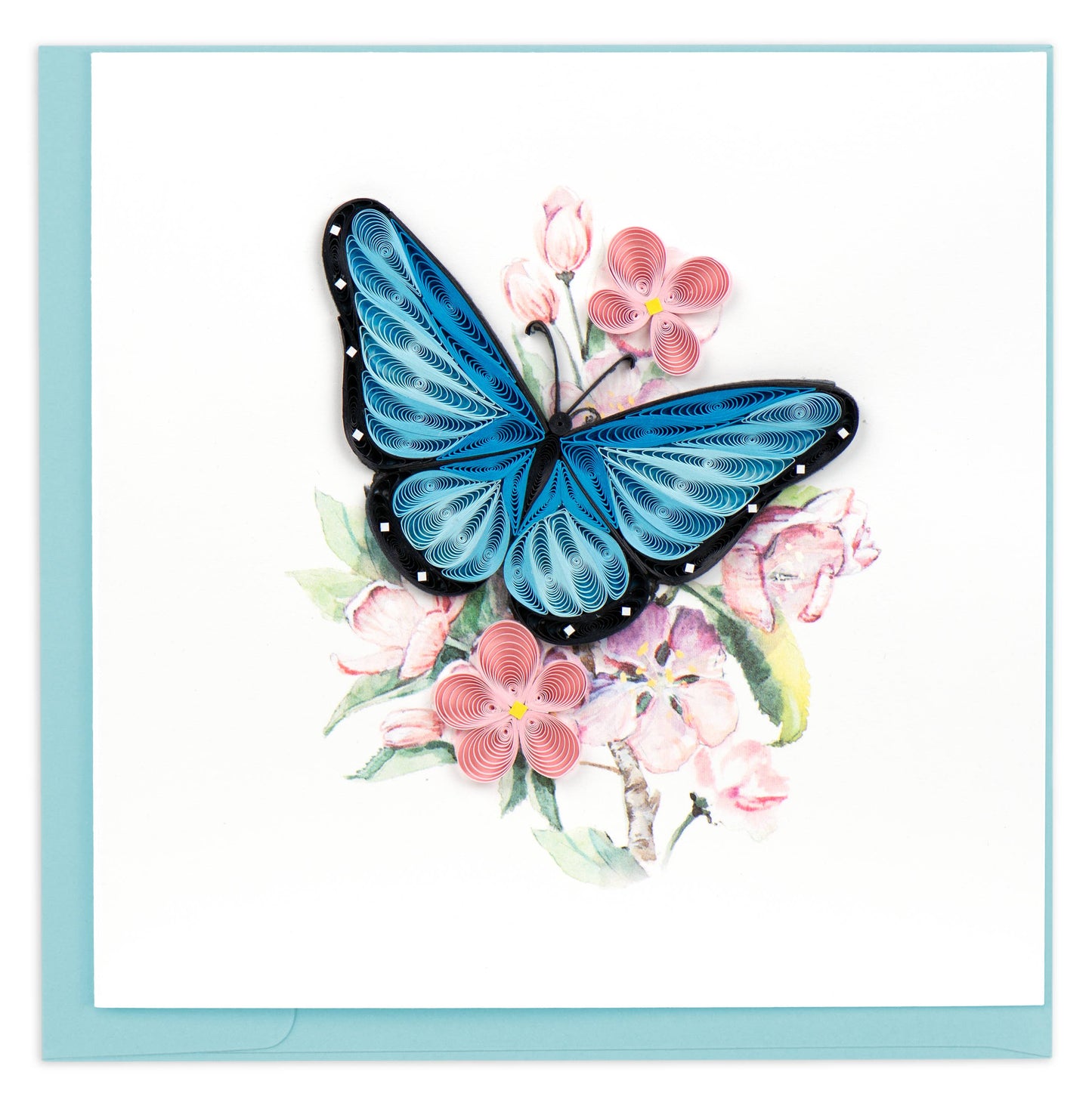 Quilled Greeting Card, "Blue Butterfly & Pink Flowers"
