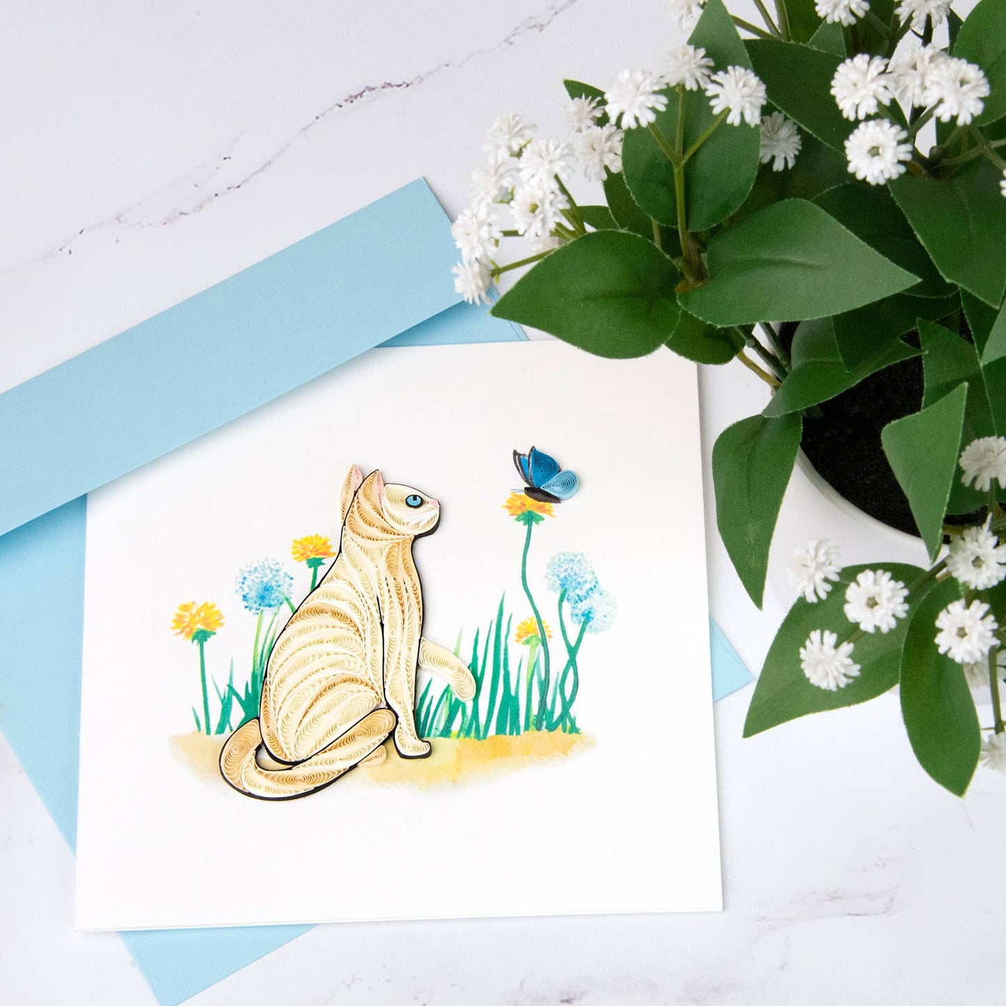 Quilled Greeting Card, "White Cat & Butterfly"