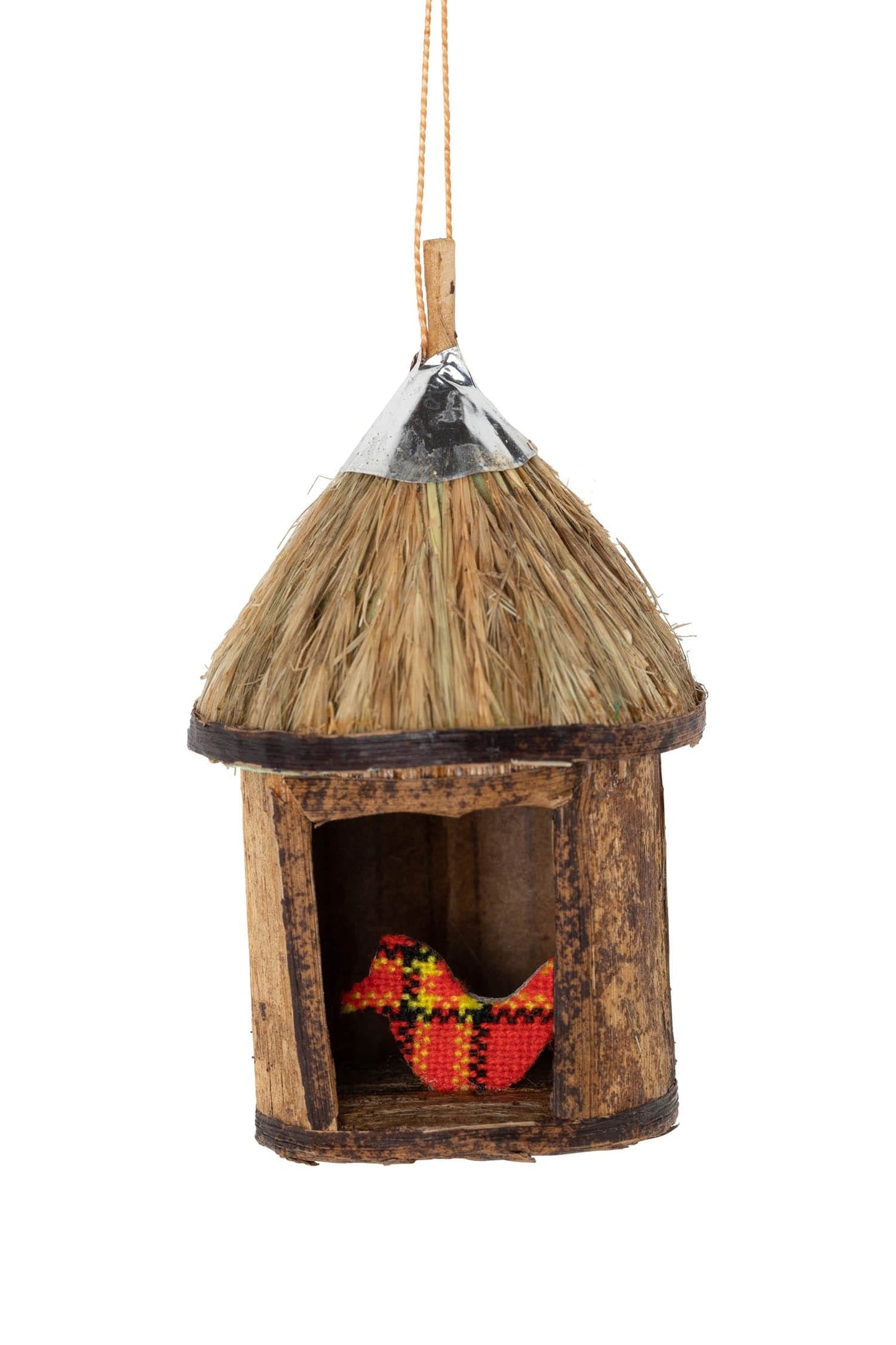 Ornament winter home w/bird M/3 b-fiber 4H brn/red