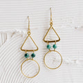 Earrings trngl/crcl w/beads malachite/br 3L br/grn
