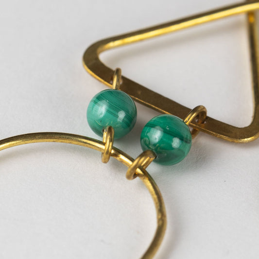 Earrings trngl/crcl w/beads malachite/br 3L br/grn