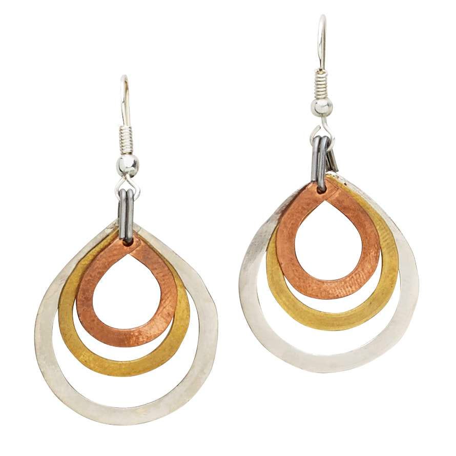 Earrings 3 layered t-drops mtl 2L silv/gld/cppr