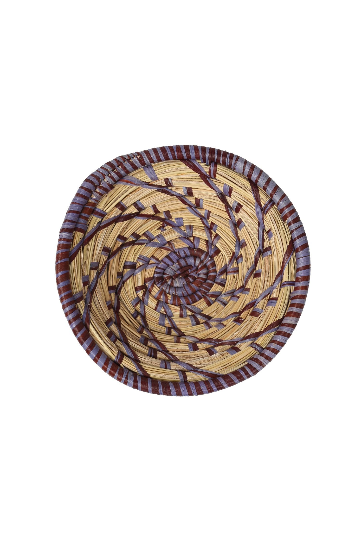 Basket zig-zag swirl raffia 6.5Dx2H asst blu/nat