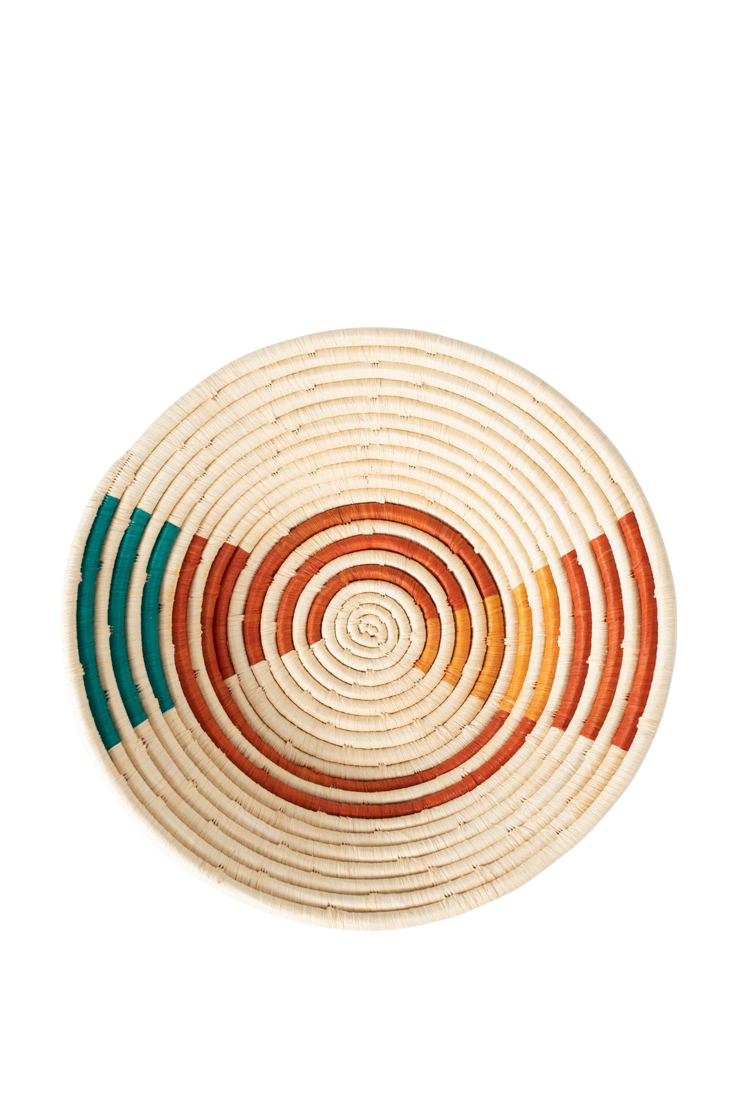 Basket spiral lines raffia 12Dx3H nat/rust/teal