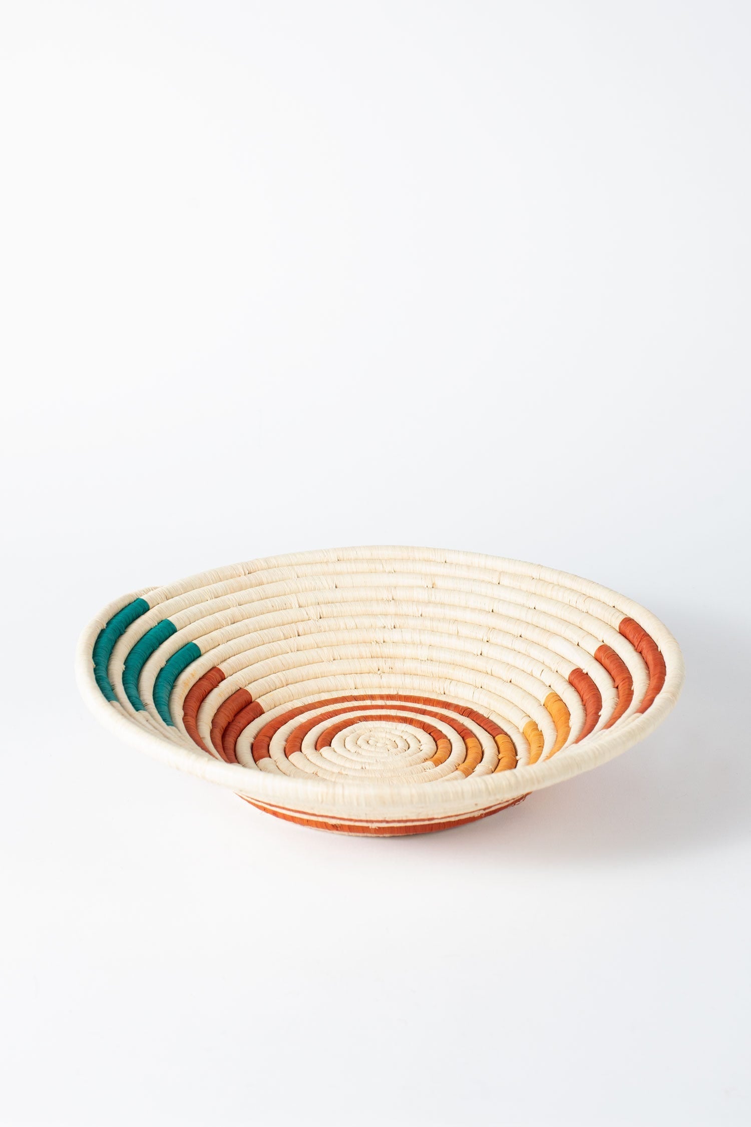 Basket spiral lines raffia 12Dx3H nat/rust/teal