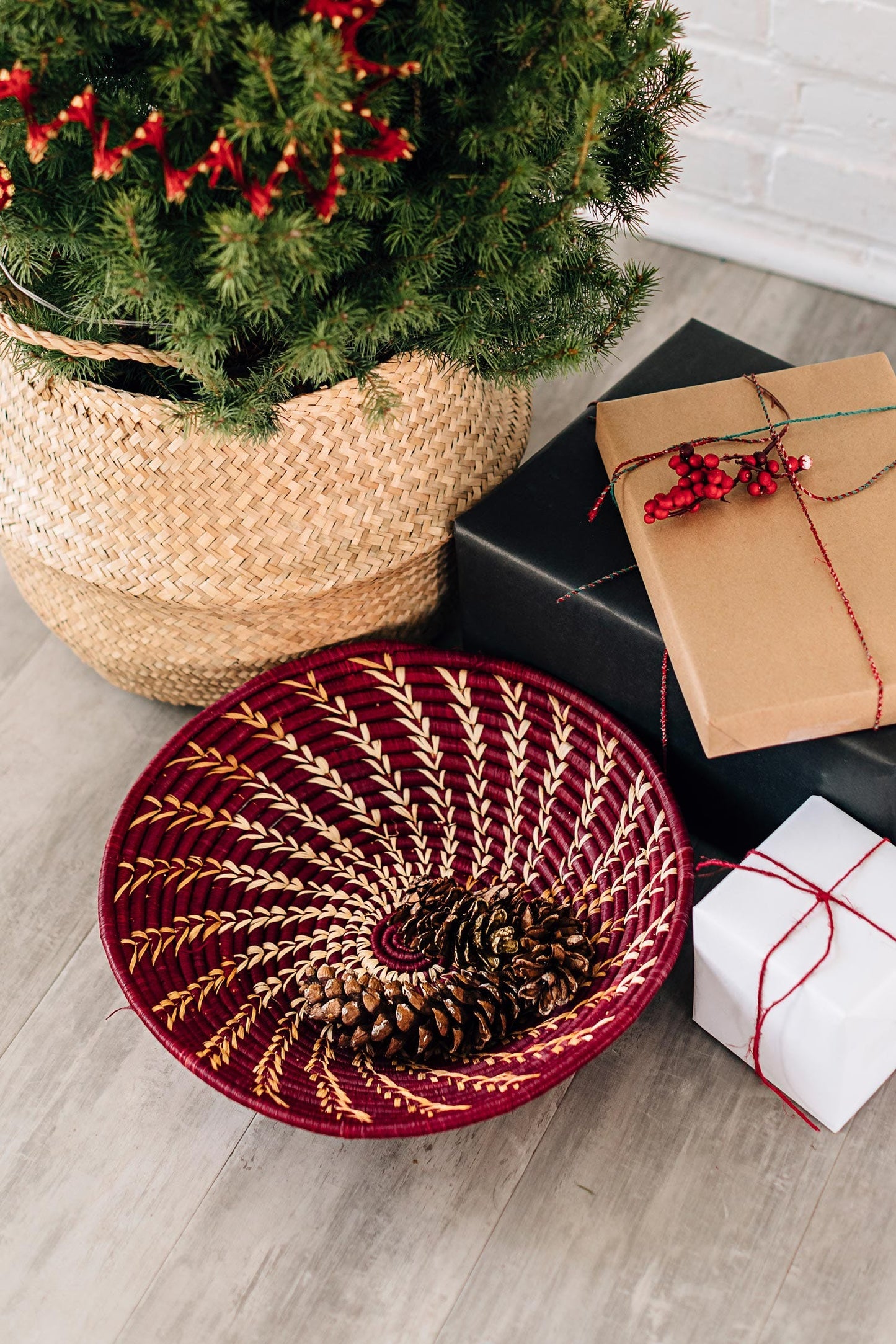 Burgundy + Tan Spiral Raffia Basket