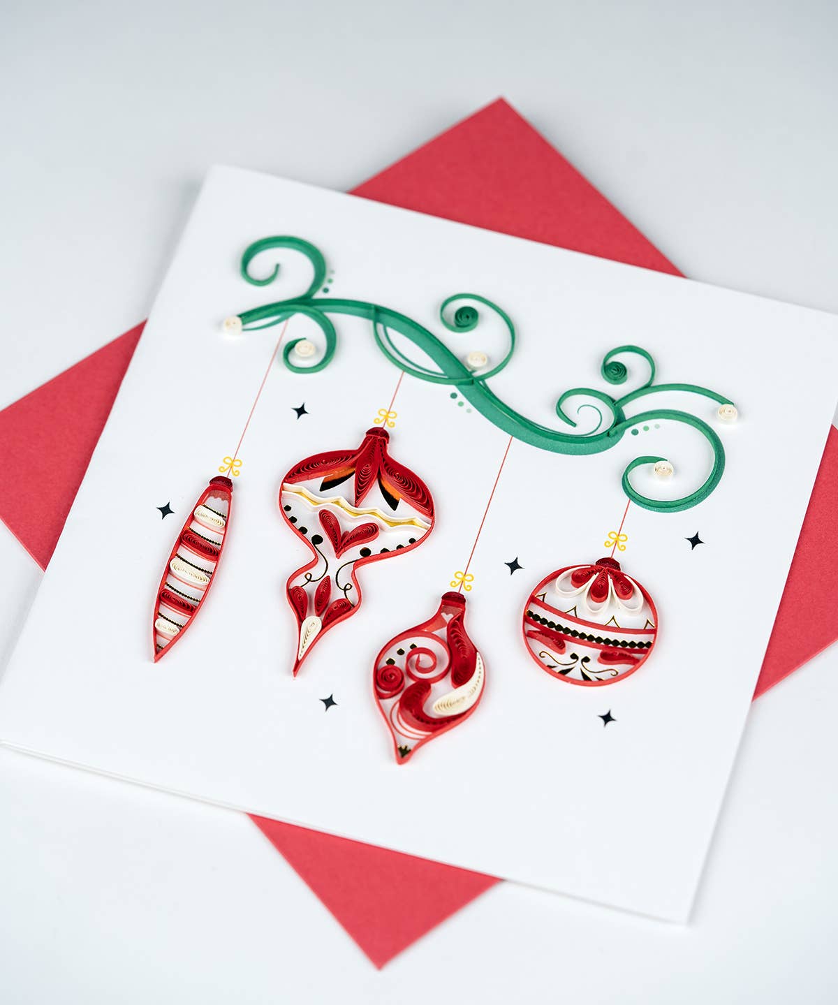 Quilled Greeting Card, "Red Christmas Ornaments"