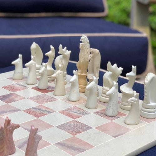 Safari Animal Hand Carved Soapstone Chess Set w/Box