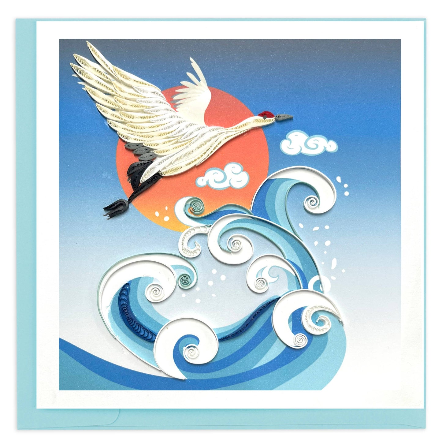 Quilled Greeting Card, "Wave, Crane & Sun"