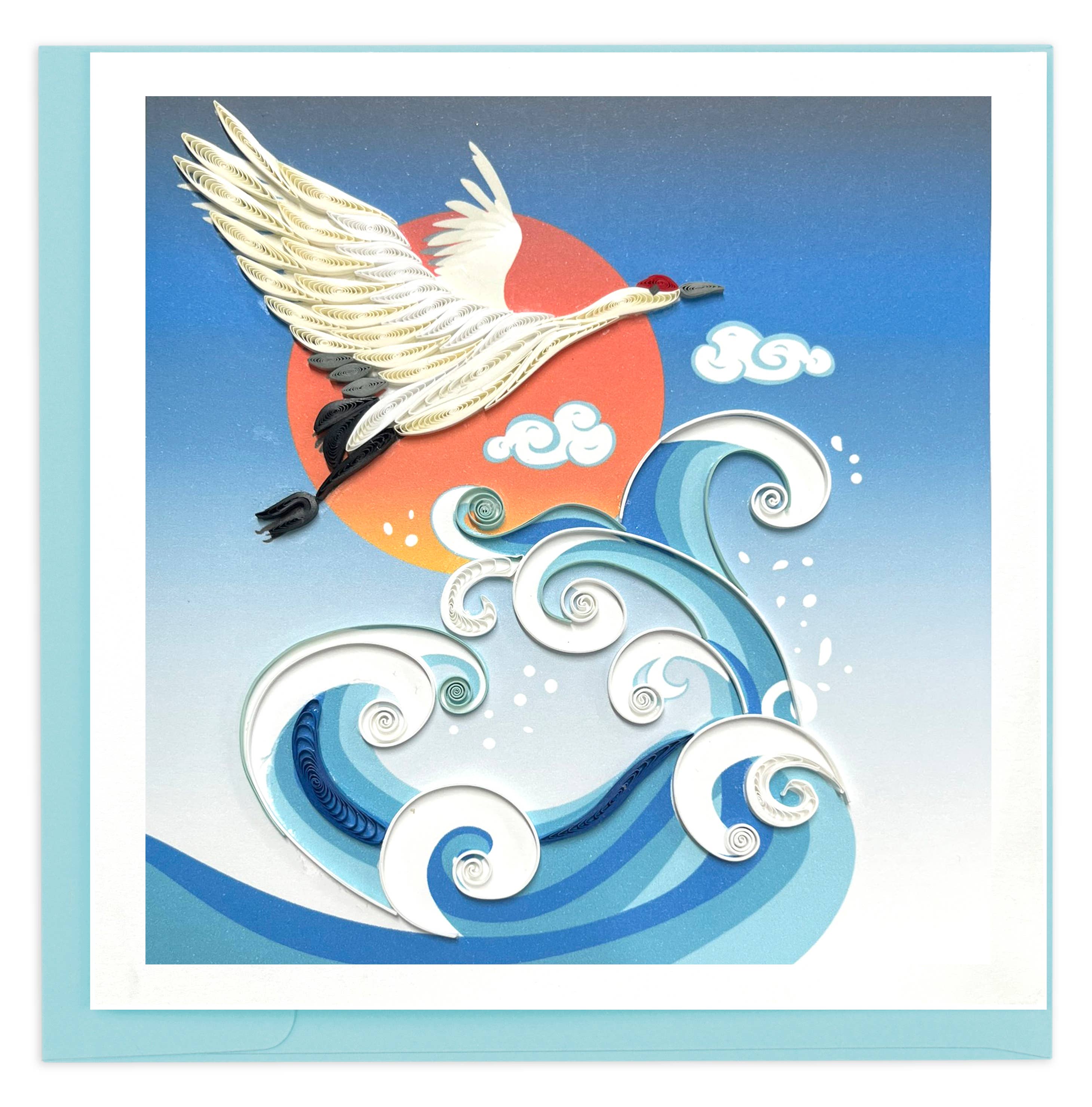 Quilled Greeting Card, "Wave, Crane & Sun"