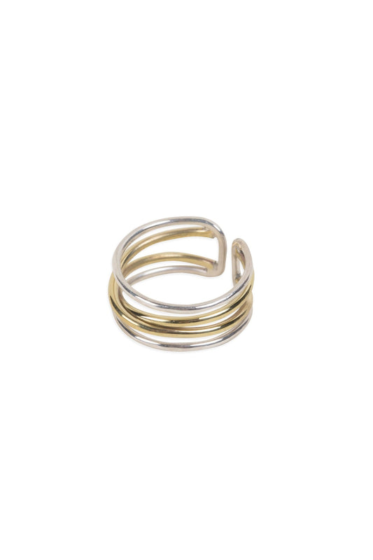 Ring crossing spiral bombshell .5W silver/brass