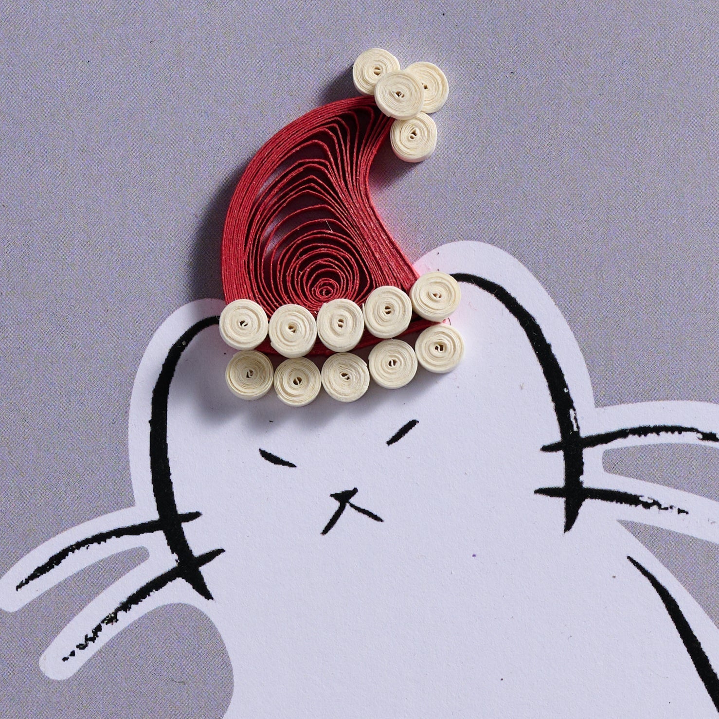 Card cat w/quilled hat M/3 ppr 5.5sq gray/red/wht