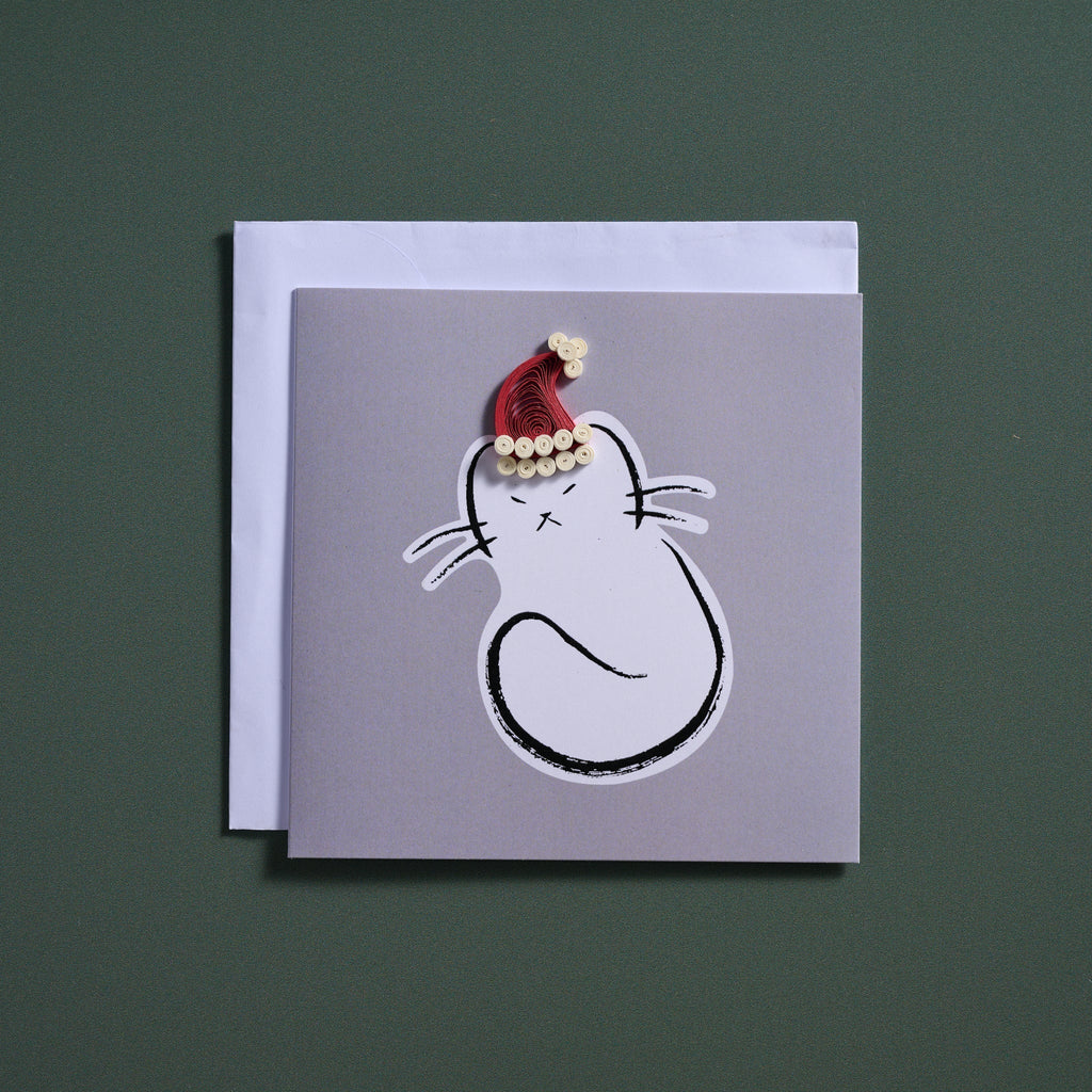 Card cat w/quilled hat M/3 ppr 5.5sq gray/red/wht