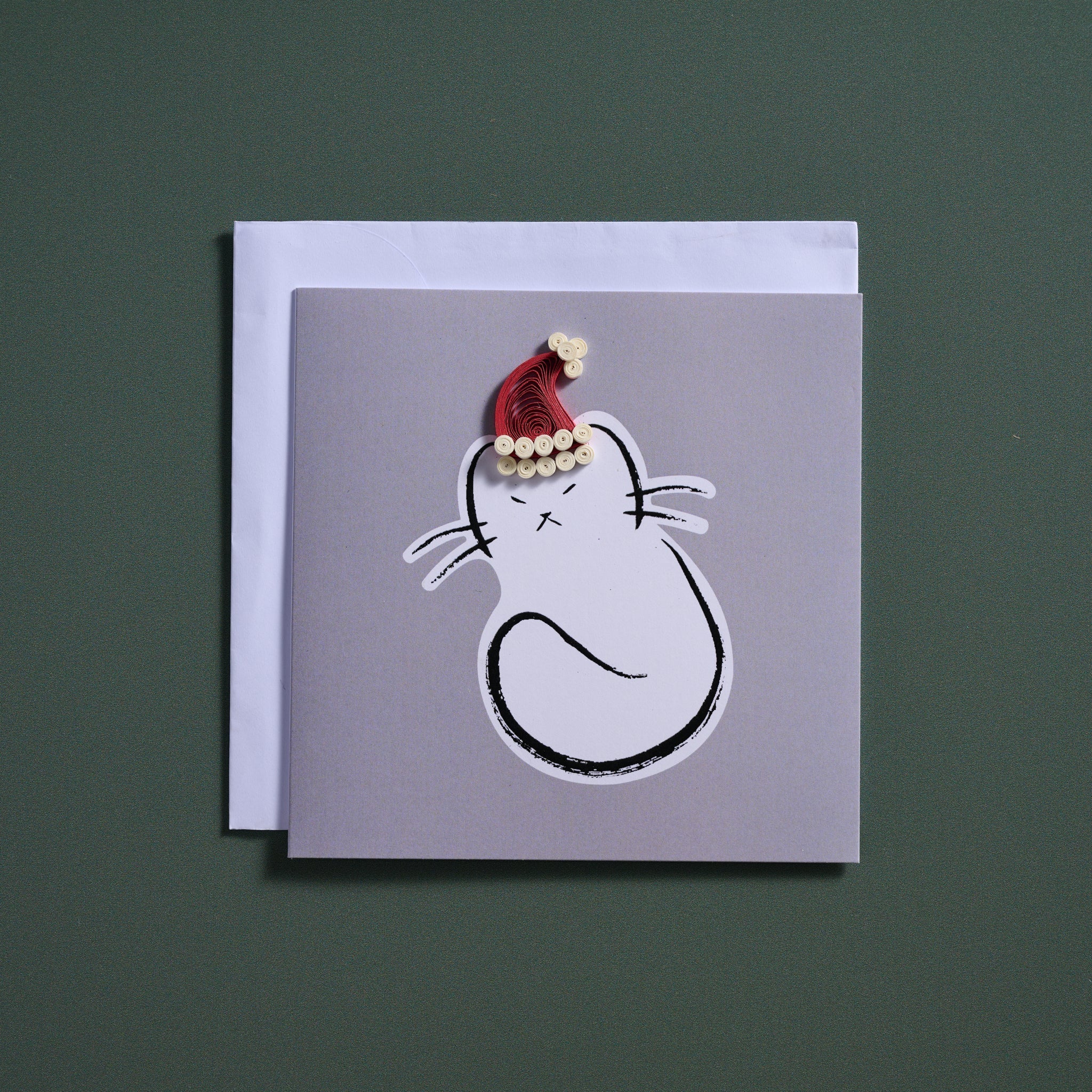 Card cat w/quilled hat M/3 ppr 5.5sq gray/red/wht