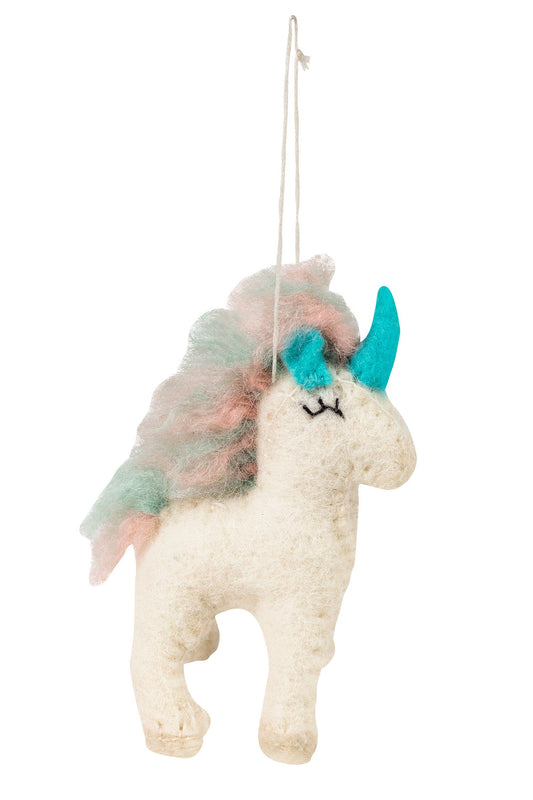 Ornament unicorn M/3 wool/felt 4H wht/aqua/pink