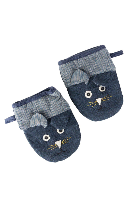 Mitts cats f/oven S/2 cotton 7Lx5.5W blue/asst