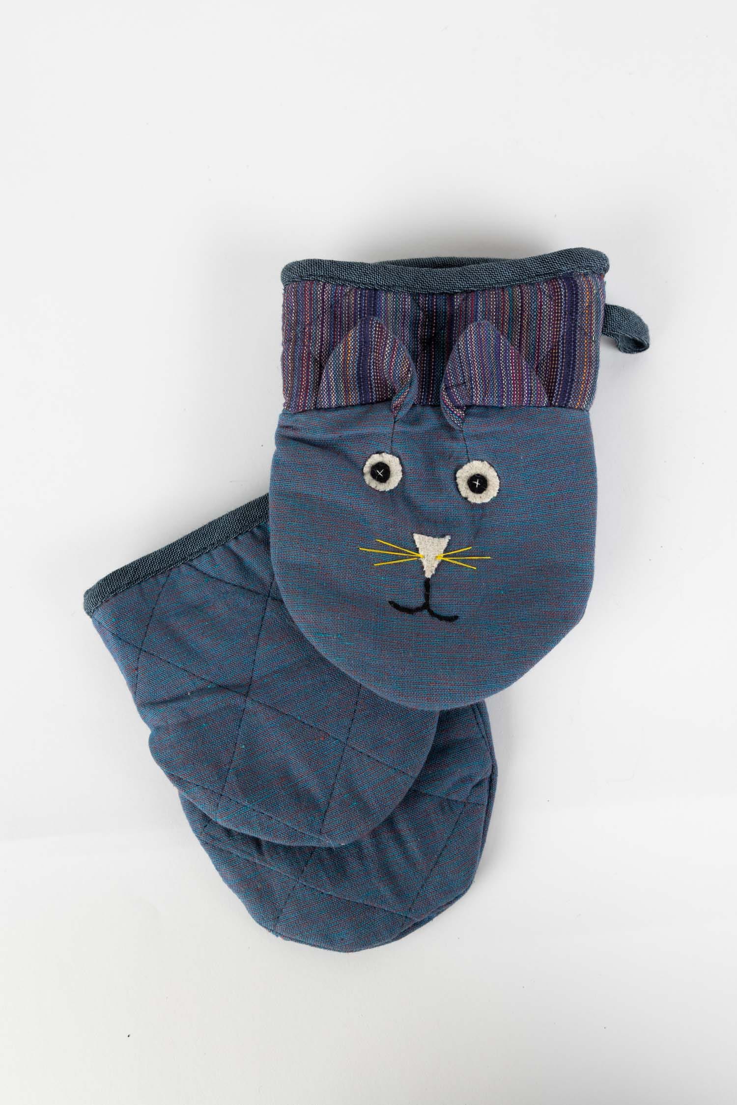 Mitts cats f/oven S/2 cotton 7Lx5.5W blue/asst