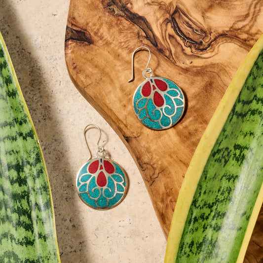 Silver, Teal and Red "Mayura" Earrings