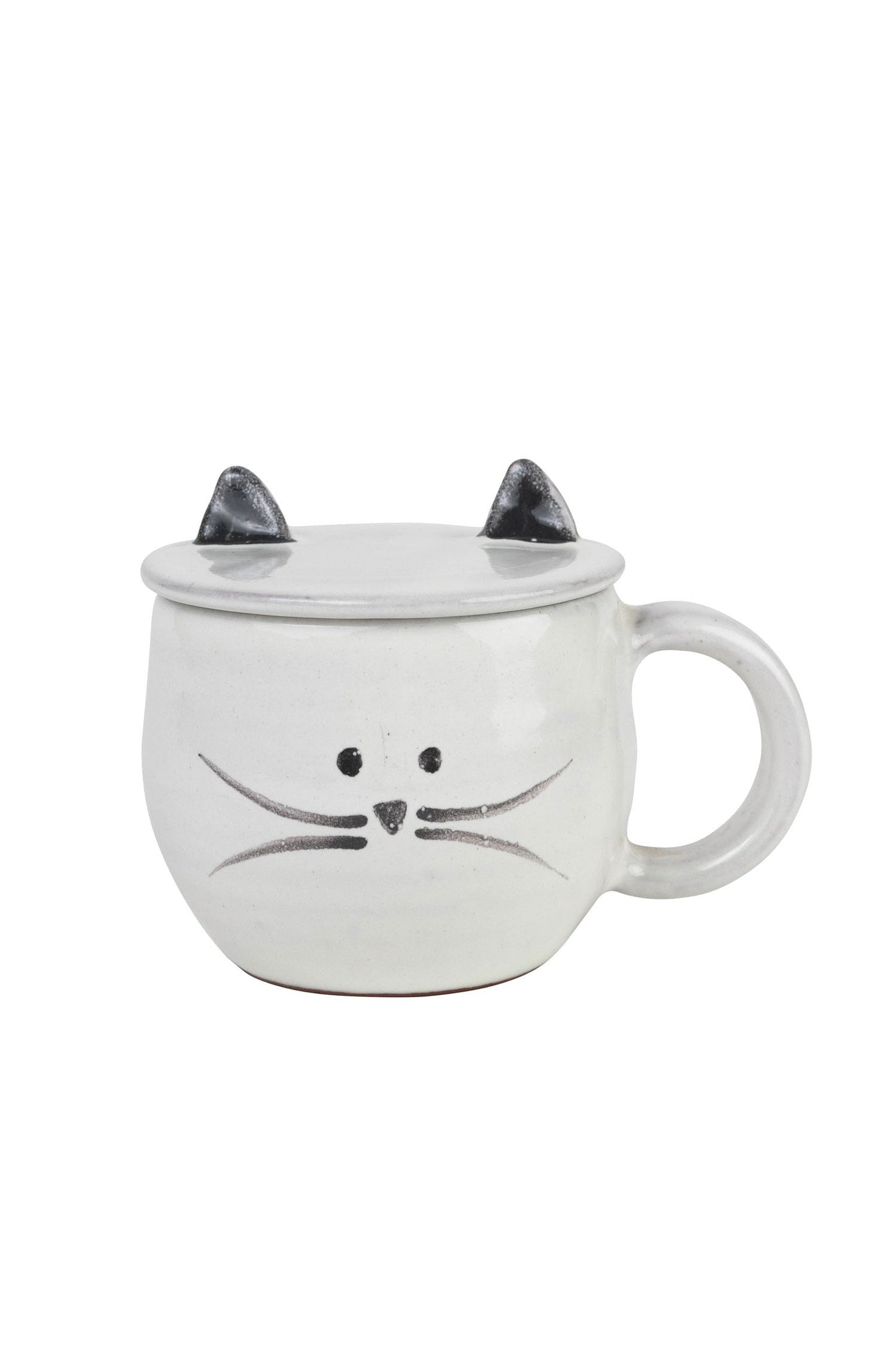 Mug cat face w/lid f/6oz cer 3.25Dx2.5H wht/blk