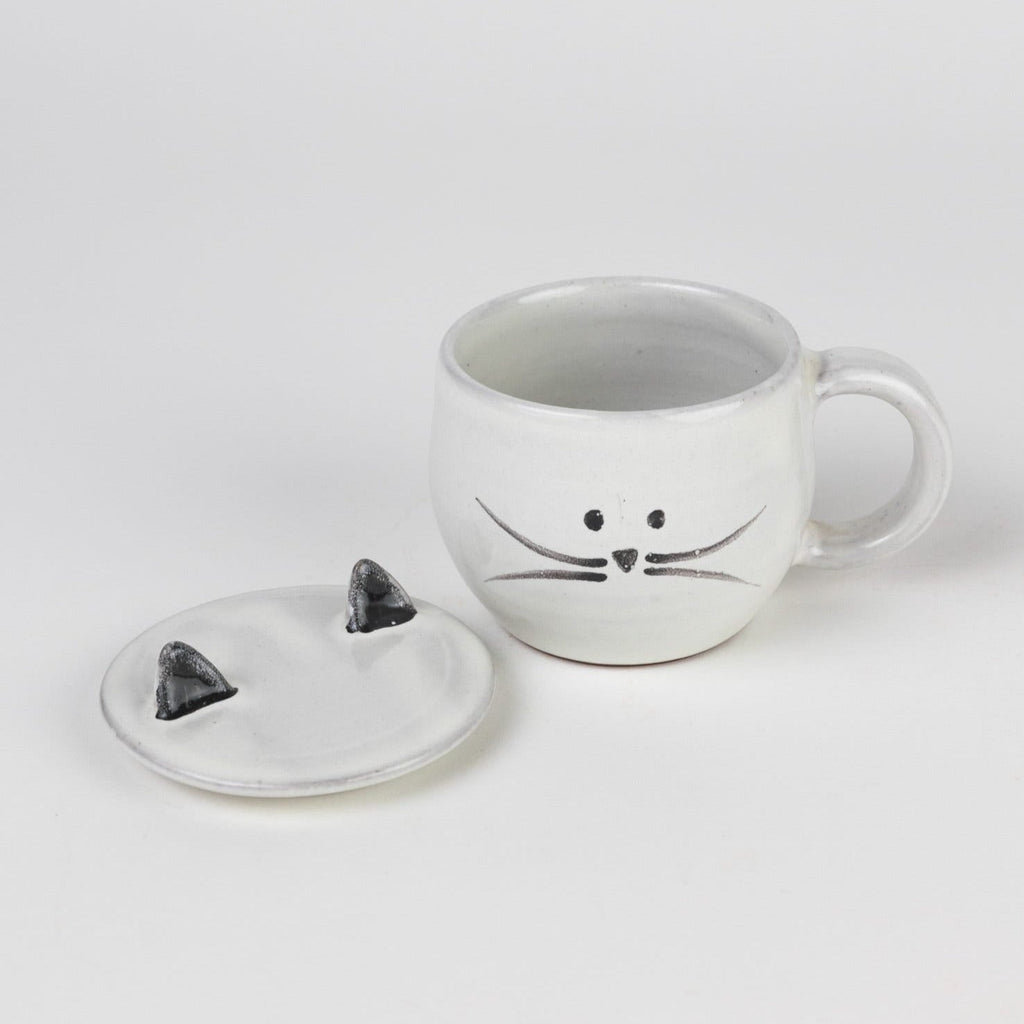 Mug cat face w/lid f/6oz cer 3.25Dx2.5H wht/blk
