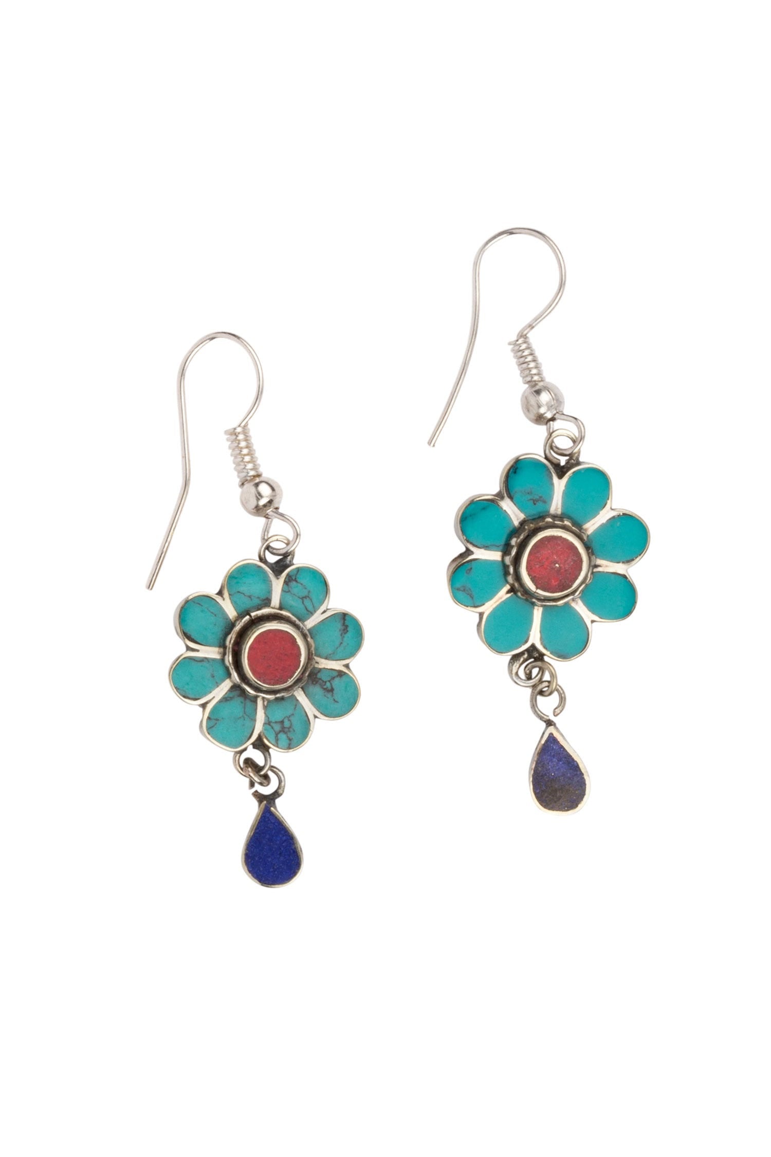 Earrings flower/rain drop resin/mtl 2L trq/blu/red
